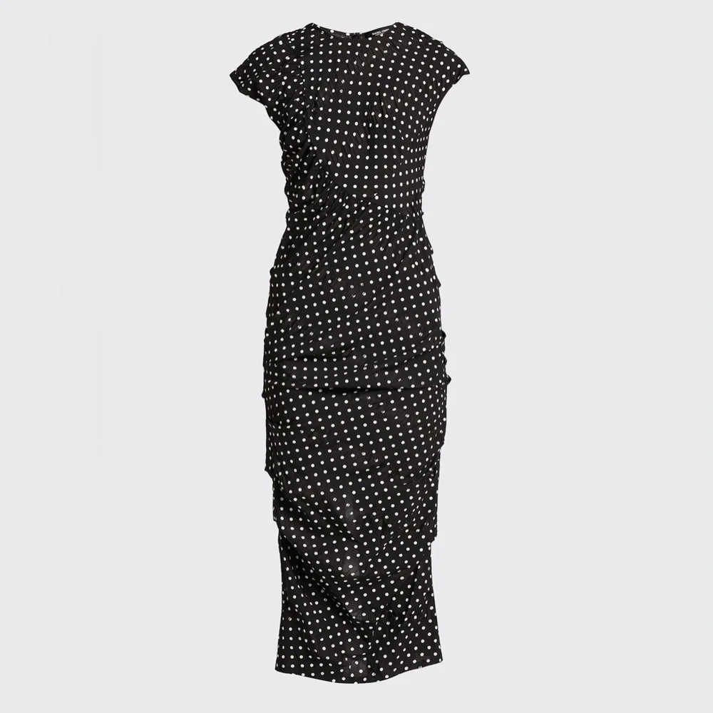 Rachel Comey New Delirium Silk Polka Dot Ruched Midi Short Sleeve Dress Black - Picture 13 of 14
